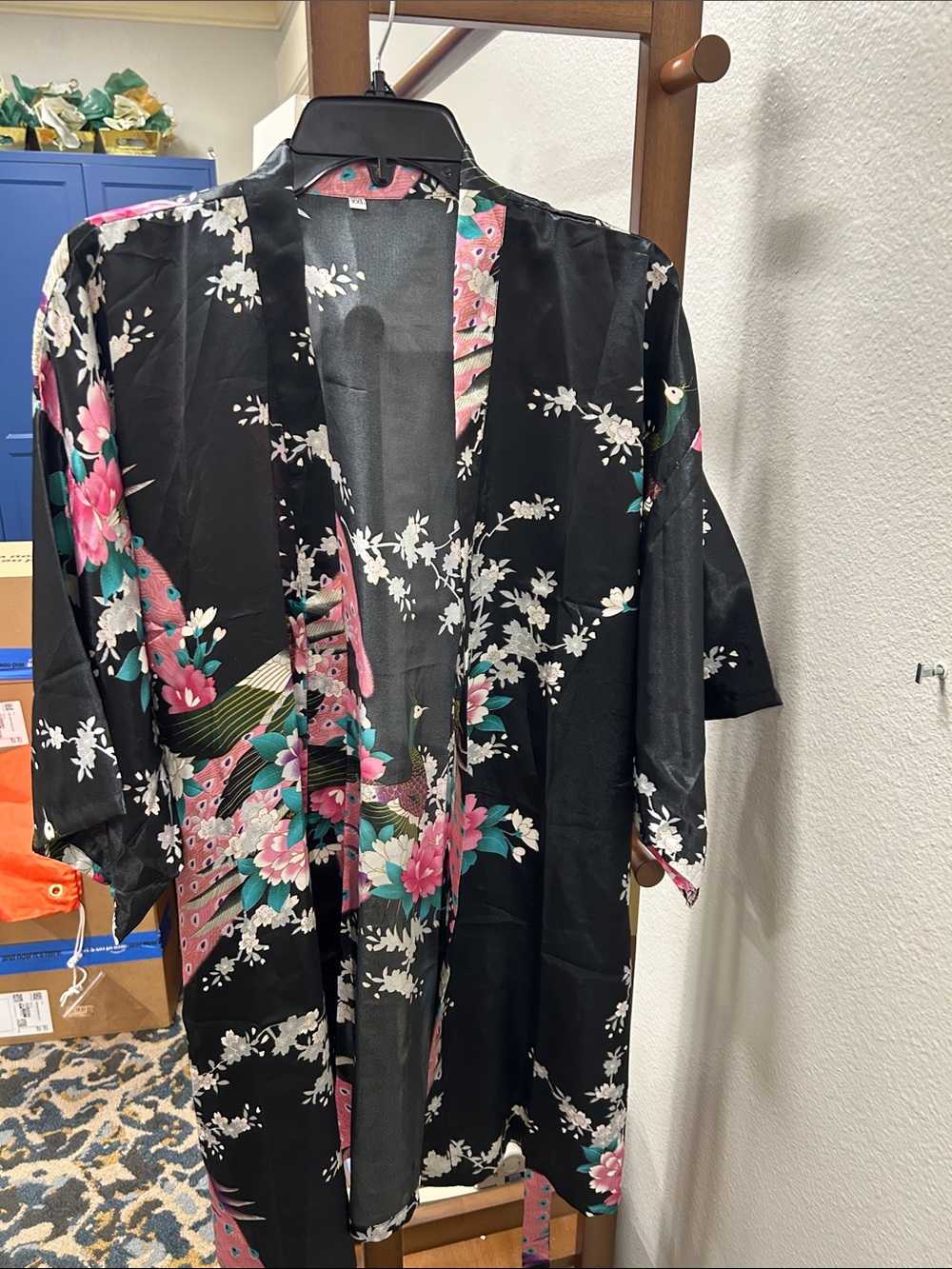 Floral Satin Poly Kimono belted Robe in Black and Pink Peacock